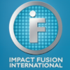 A blue and silver logo for impact fusion international.