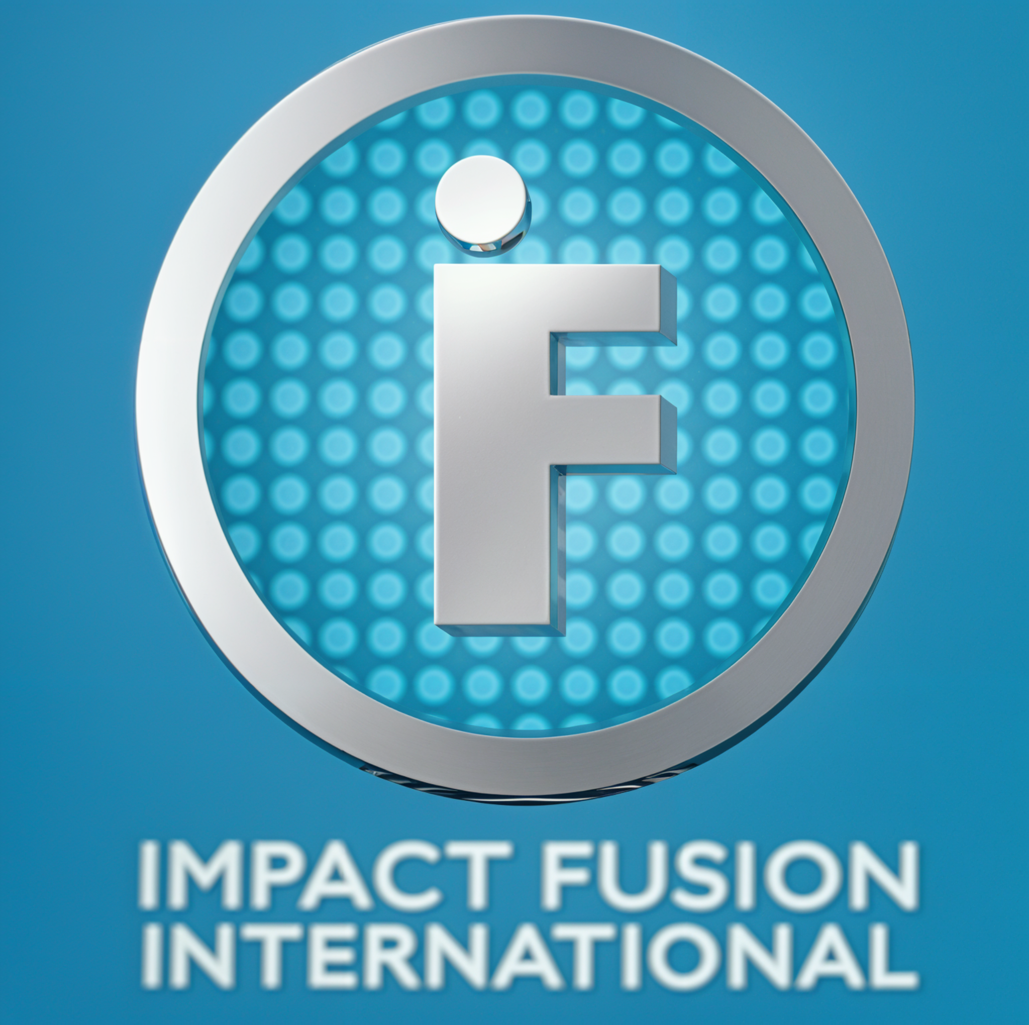 A blue and silver logo for impact fusion international.