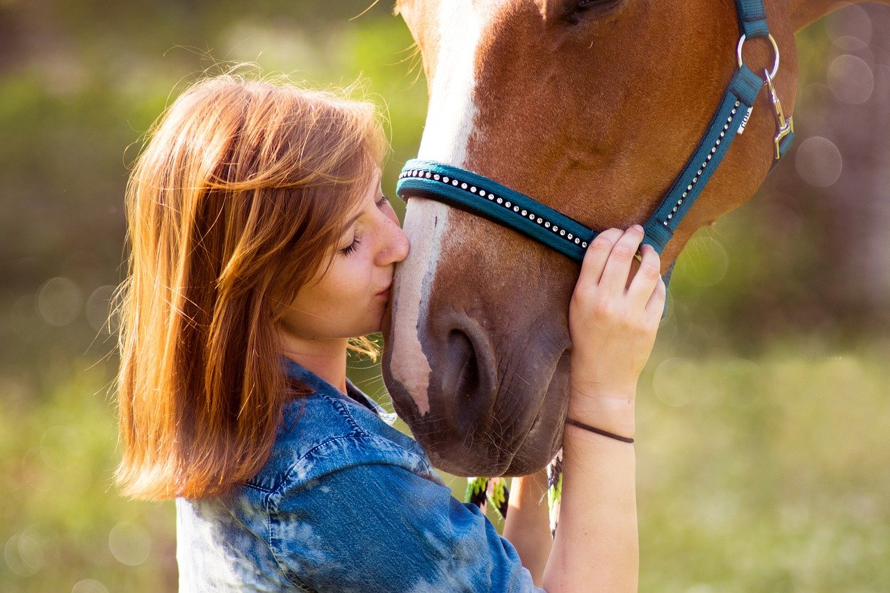 A woman kissing the face of a horse.