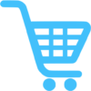 A blue shopping cart is shown on the black background.
