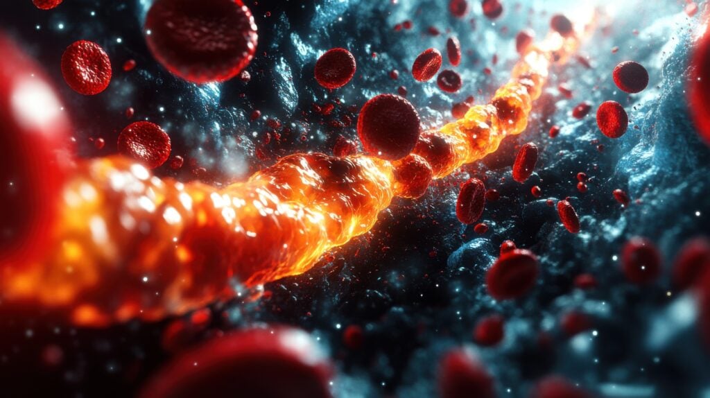 A close up of blood cells in the background
